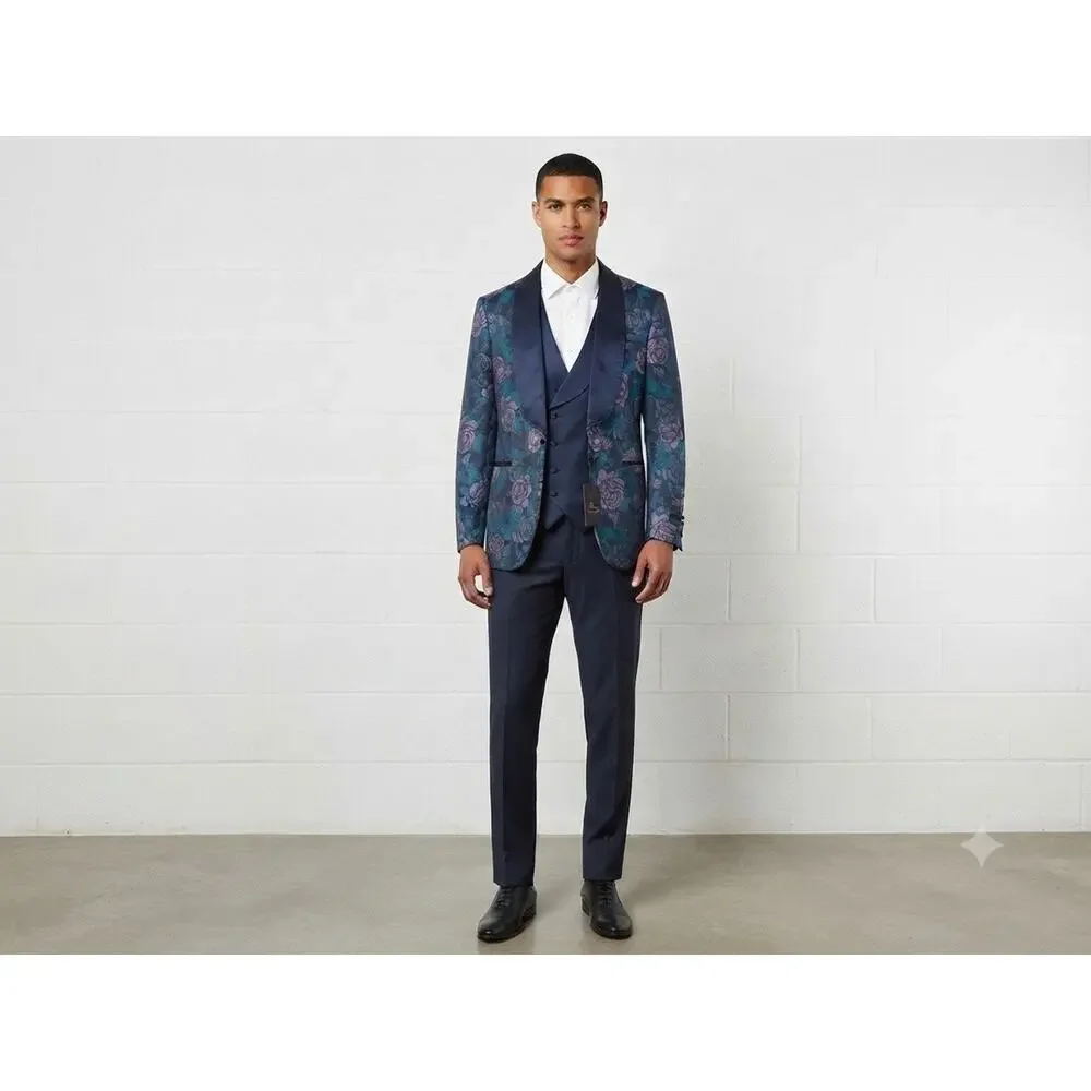Pietro Scarlatti Mens Suit 3pc US 44 EU 54 Floral Blazer Vest Pants Blue T2